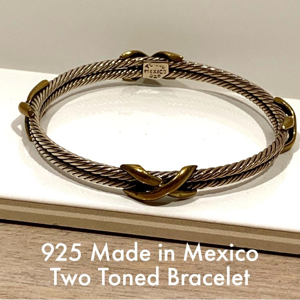 Vintage Mexican Sterling Silver & Brass Cable Cuff Bracelet - 925 Marked